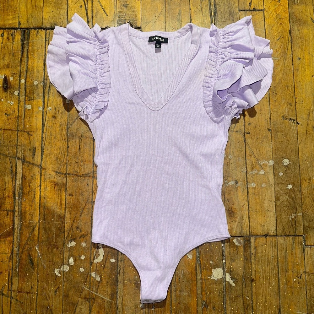 Express Bodysuit Women's XS Lilac Ruffled Flutter Sleeve Ribbed V Neck Pullover